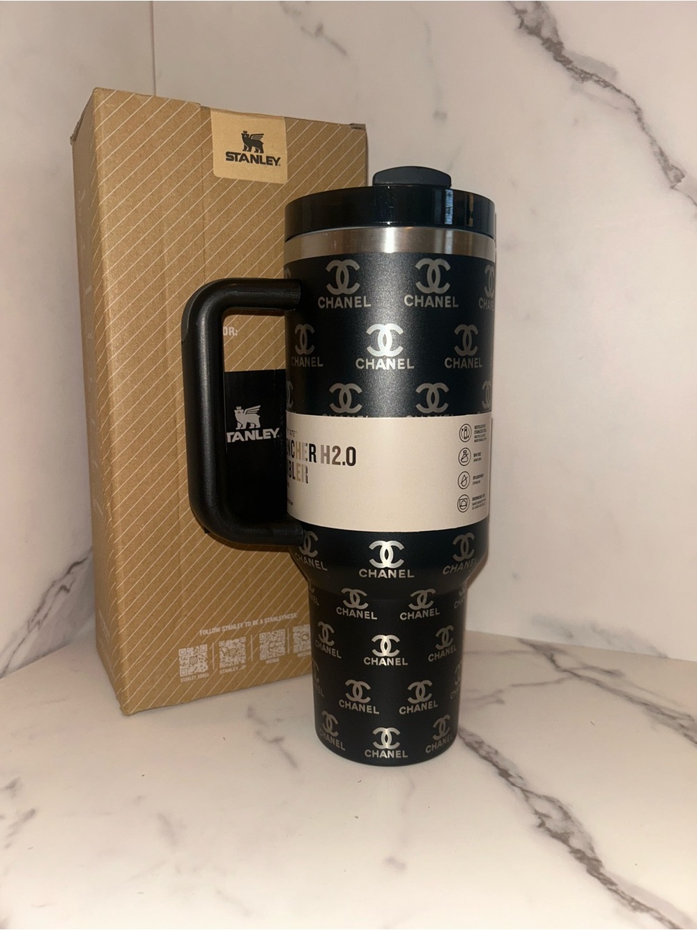 Chanel x Stanley custom print 40 oz Black Silver Tumbler